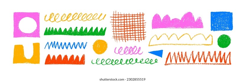 Kollektion von geometrischen Formen und Schriftzeichen. Bleistift- oder Holzkohlezeichnung. Handgezeichnete, handgezeichnete Doodle-Objekte. Chromkohle, kindische Formen und Kreide, Kratzer. Abstrakter geometrischer Banner.