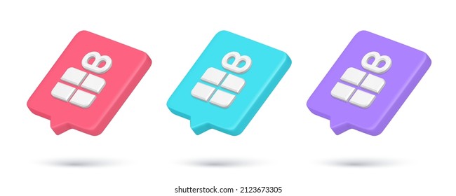 Caja de regalo coloreada de colección consejos rápidos sorpresa festiva Icono 3d ilustración vectorial realista. Establecer descuento de venta de promoción comercial presente para la oferta especial de registro en línea notificación de Internet
