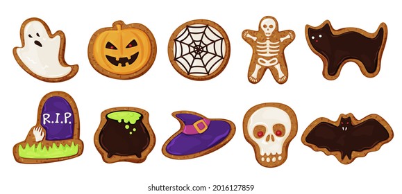 Collection of colored halloween cookies vector flat cartoon illustration. Set of bakery candy with scary monsters and All Saints' Day symbols isolated. Ghost, skull, pumpkin, potion, skeleton, grave svg