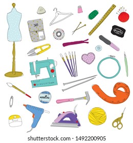 Collection of colored hand drawing hobbies, stationery and crafts. Line art tools and materials for needlework-doodle vector