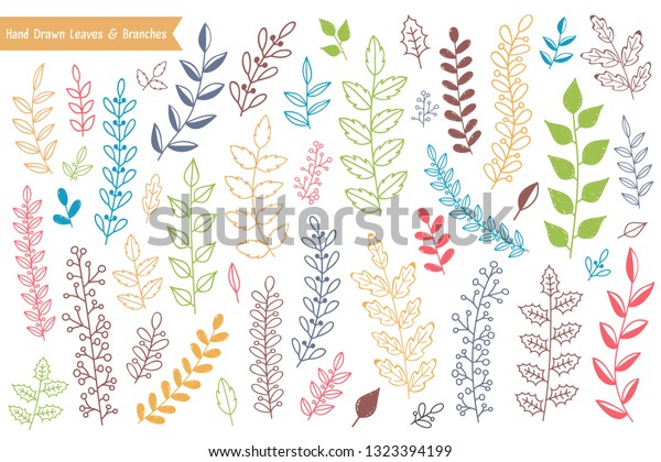 Collection of colored hand\
drawn leaves and branches on white background, vector eps10\
illustration