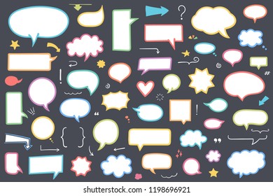 Collection of colored hand drawn speech bubbles, arrows and other design elements, vector eps10 illustration