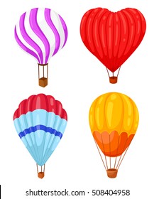 Collection of colored hot air balloons with different patterns on the envelope, vector illustration on white. Balloon heart