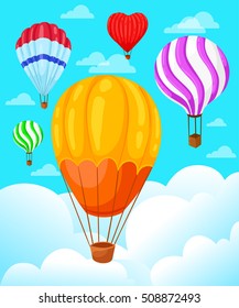 Collection of colored hot air balloons with different patterns on the envelope, vector illustration on white. Balloon heart