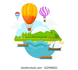 Collection of colored hot air balloons with different patterns on the envelope, vector illustration on white. Balloon heart