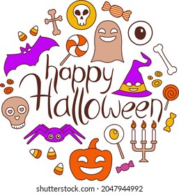 Collection of colored icons with phrase Happy Halloween