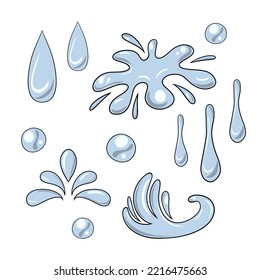 Sammlung von farbigen Symbolen, verschiedenen Splash, Wellen und Wassertropfen, Vektorgrafik im Cartoon-Stil auf weißem Hintergrund