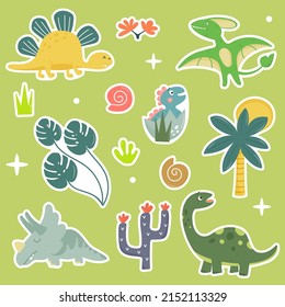 Collection of colored kind and cartoon dinosaurs. Set of stickers, logos, badges or labels. Vector isolated illustration in flat style.