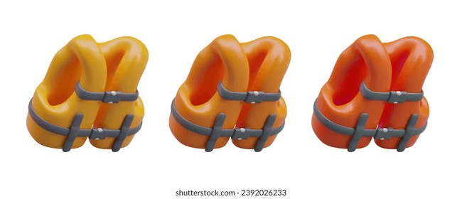 Collection of colored life jackets. Realistic objects in inclined position with shadows. Safety equipment, life preserver. Illustrations for swimming devices shop