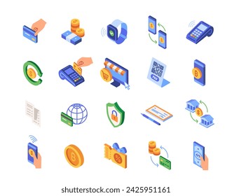 Collection of colored linear icons depicting various payment methods. Set includes outline illustrations with editable strokes isolated on white background. Vector artwork for versatile use.