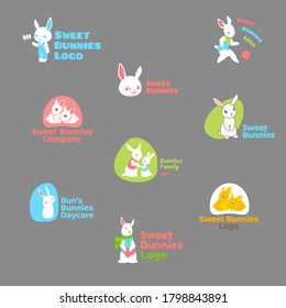 Collection of colored logos with cute funny bunnies, vector illustration, template