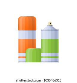 Collection colored metal spray cans with multi-colored paint for drawing images. Tools, accessories for paintings. Painting, art, art engaged. Hobby, creative work. Vector illustration.