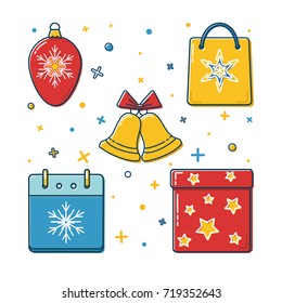 Collection of colored New Year icons in thin line style. Christmas ball, gift bag with snowflake symbol, traditional bells, calendar page and gift box with stars.
