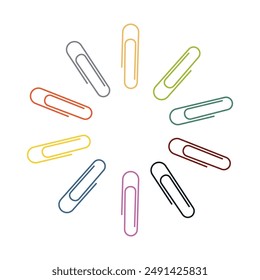 Collection of colored paper clips on a white background. Set of early colored clasps for documents, stationery, school equipment. Vector illustration in flat style.
