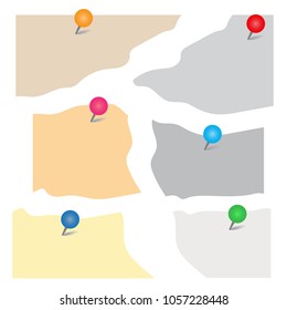A collection of colored paper with a pin. Flat design, vector illustration.