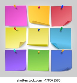 Collection of colored paper sheets for notes with curl and shadow and transparent thumbtacks, buttons, lists, and background are on separate layers and grouped logically.