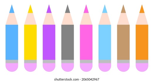 Collection of colored pencil. Cartoon style. Art background. School supplies. Flat sign. Vector illustration. Stock image. 