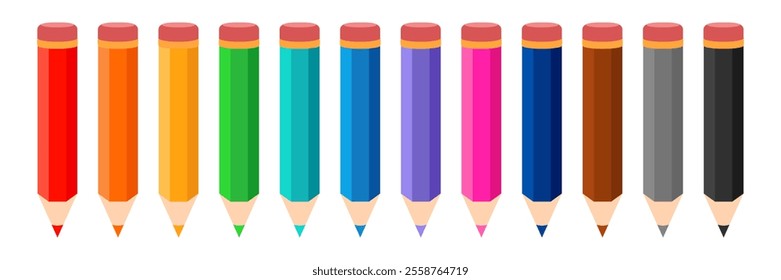 Collection colored pencil icons, color pencils, varicolored pencils, multicolored pencils. 