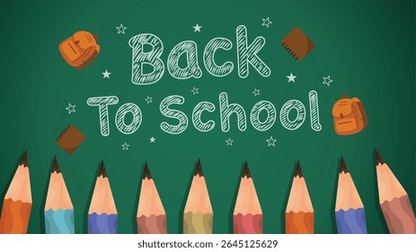 A collection of colored pencils with chalkboard background and school bags decorating the layout