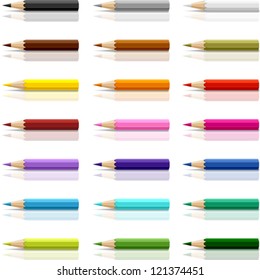 Collection of colored pencils on white background.