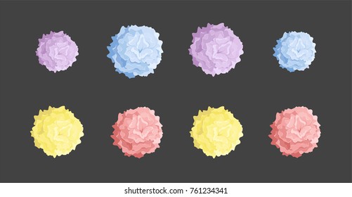 Collection of colored pom poms.  Colorful decorative elements isolated on black background. Vector illustration.