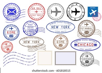 Collection of colored postal stamps from different cities. Vector illustration