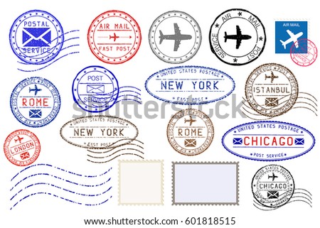 Collection of colored postal stamps from different cities. Vector illustration