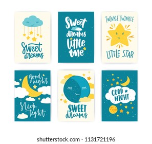 Collection of colored poster or flyer templates with Good Night and Sweet Dreams wishes handwritten with calligraphic cursive font, moon, clouds and stars. Childish flat cartoon vector illustration.