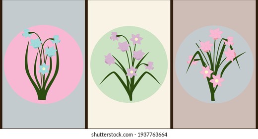 Collection of colored posters of daffodils in pastel colors. Abstract geometric elements, leaves and buds of narcissus. Design for social networks, banners, backgrounds, cards, prints. 