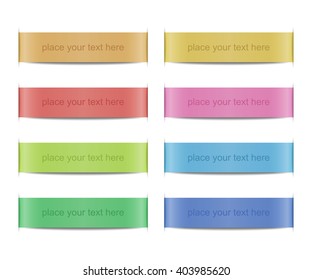 Collection of colored ribbon banners with paper cuts and shadows. Set of scroll elements. Template shapes for design of labels, price tags, emblems, website interface. Vector illustration.