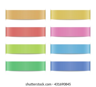 Collection of colored ribbon banners with paper cuts and shadows. Set of scroll elements. Template shapes for design of labels, price tags, emblems, website interface. Vector illustration.