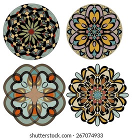 Collection of colored rosettes in nostalgic color art deco style. Symmetric geometric patterned circle.