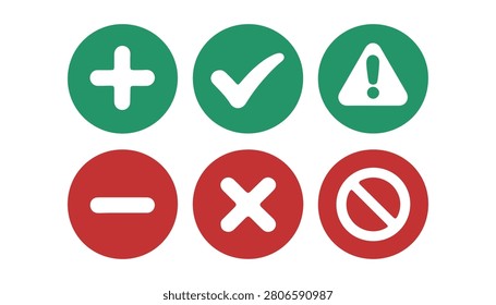 Collection of colored round icons featuring plus minus checkmark cross and warning symbols for interface guidance.