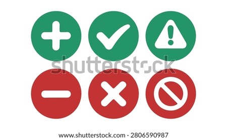 Collection of colored round icons featuring plus minus checkmark cross and warning symbols for interface guidance.