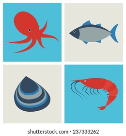 Collection of colored seafood icons in flat style