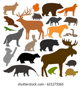 Collection of colored silhouettes of forest wild animals