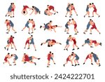Collection of colored silhouettes of wrestlers in profile, isolated vector
