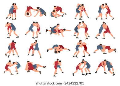 Collection of colored silhouettes of wrestlers in profile, isolated vector
