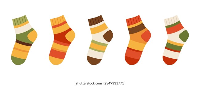 Collection of colored socks with different texture on white background. Vector illustration in a flat design