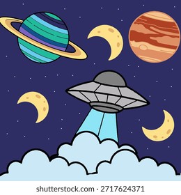Kollektion von farbigen Space Icons: Wolken, Planeten, Halbmond und UFO