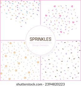 Collection of colored sprinkles design elements on a white background.