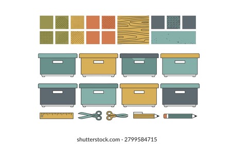 Collection of colored storage boxes with ruler scissors and pencil in flat vector illustration for organization and craft supplies concept.