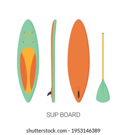 Collection Colored SUP Boards and Paddle, icon isolated on white. Summer beach lifestyle sport equipment for surfing. Cartoon flat design. Vector illustration.