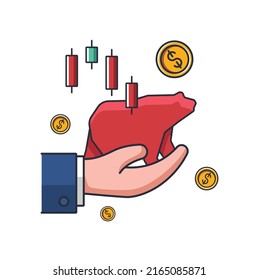 Collection colored thin icon of bear market trading on hand, graph, money coins, business and finance concept vector illustration