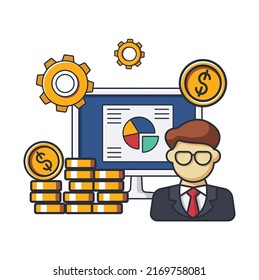 Collection colored thin icon of business man and graph presentation display, money coin, cog , business  and people concept vector illustration.