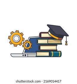 Collection colored thin icon of computer engineer learning subject, book, graduated hat , learning and education concept vector illustration.