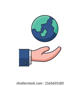 Collection colored thin icon of the earth on hand, nature concept vector illustration.