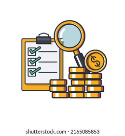 Collection colored thin icon of financial checking, magnifying glass, money coins , business and finance concept vector illustration.