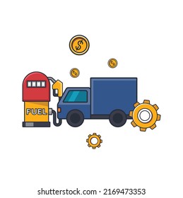 Icono delgado de colecta de la estación de gas y el camión de transporte , concepto de negocio energético ilustración vectorial.