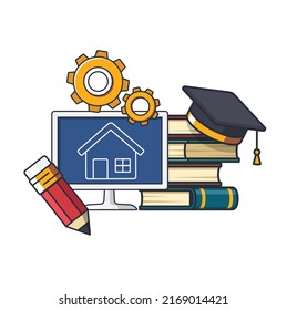 Collection colored thin icon of house design learning subject ,pencil ,gear , book, graduated hat , learning and education concept vector illustration.